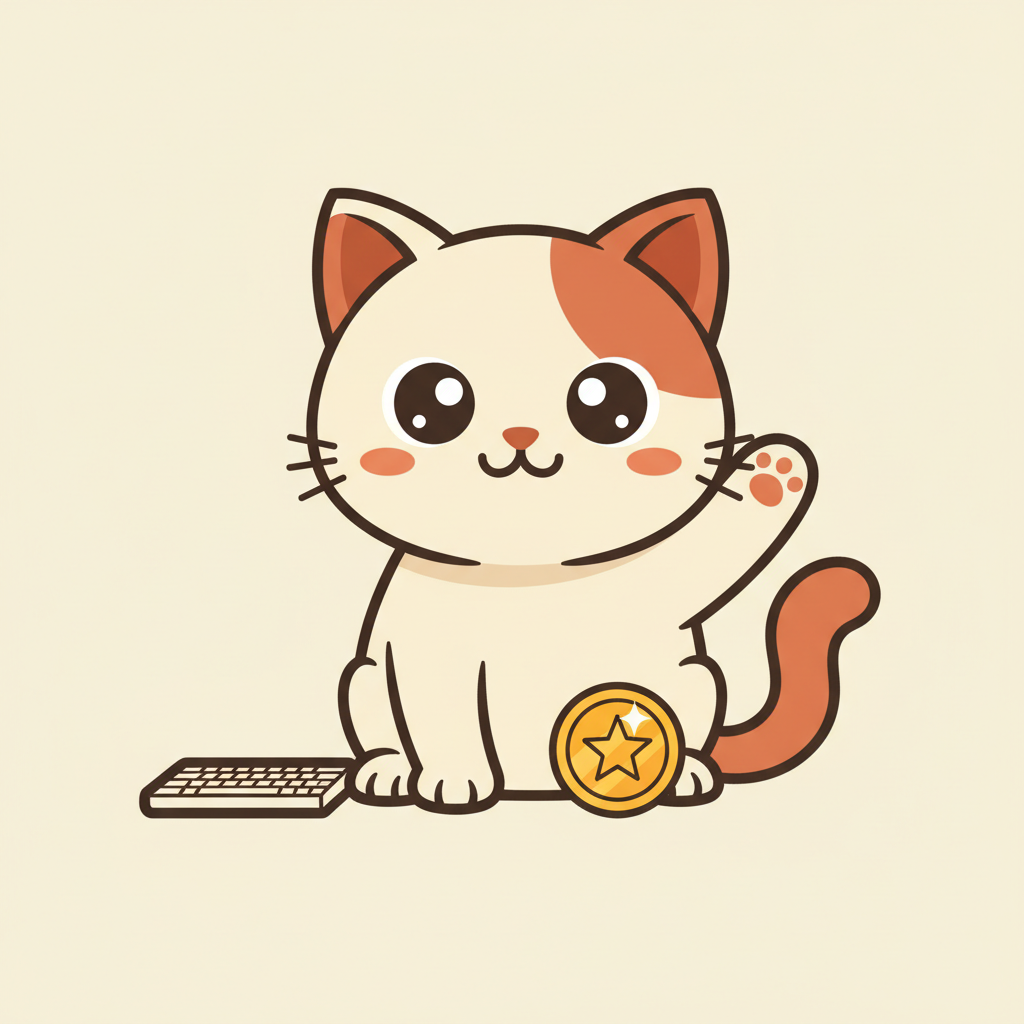 ClaudeCoinCat, a cream cat with terracotta ears and tail, waving next to a keyboard and a gold coin