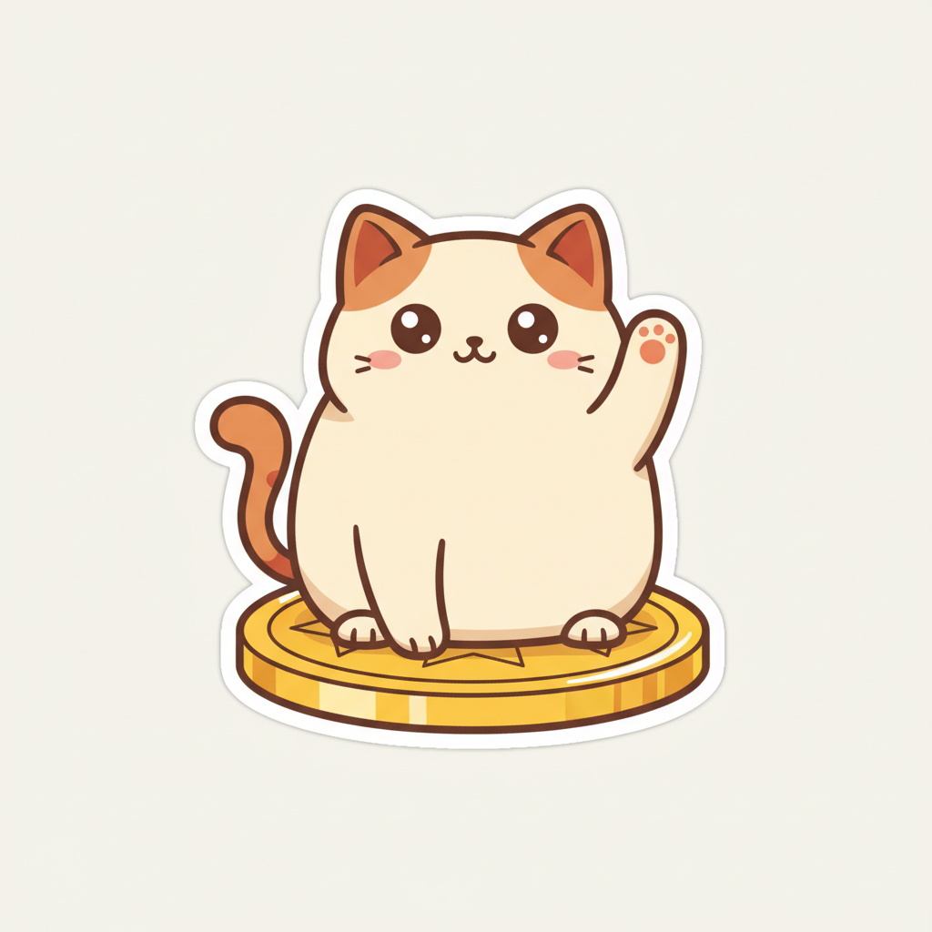 Sticker: the cat sitting on a gold coin, waving a paw