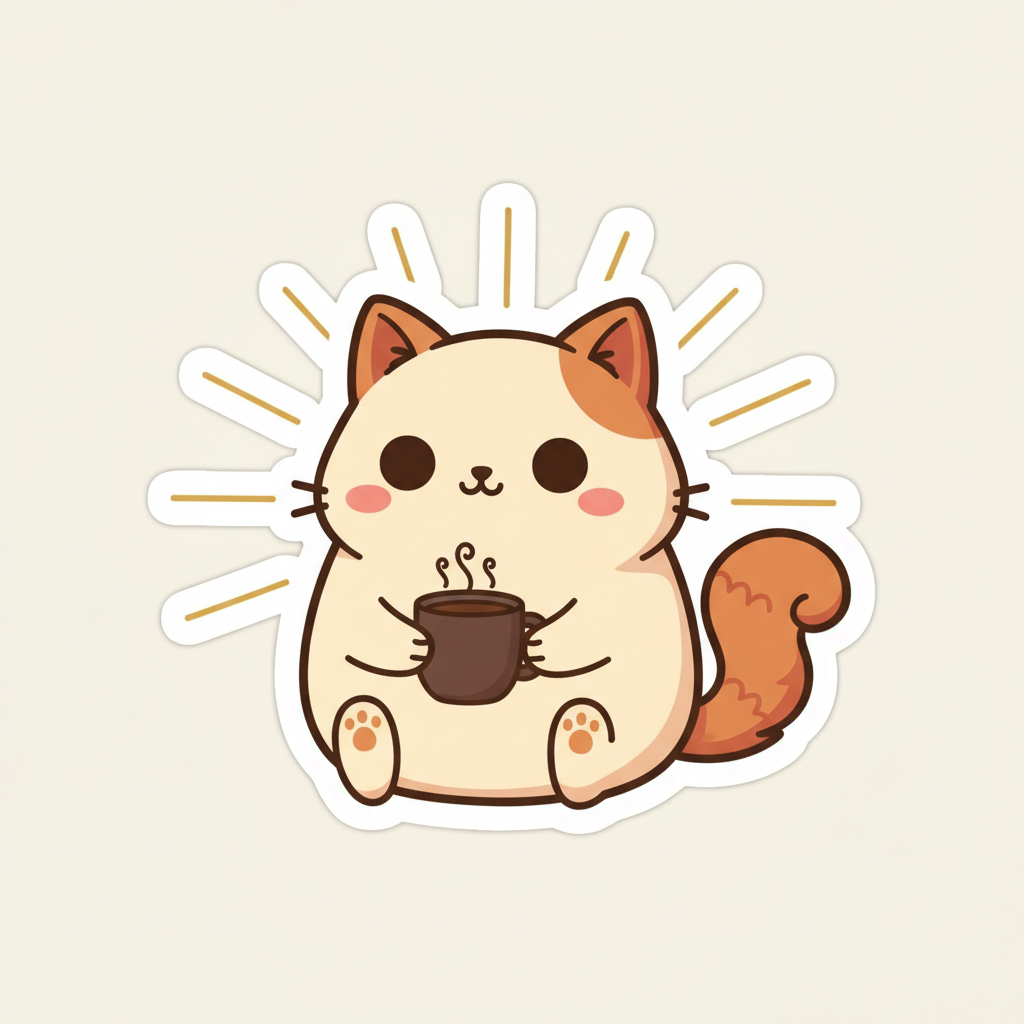 Sticker: the cat holding a steaming coffee mug
